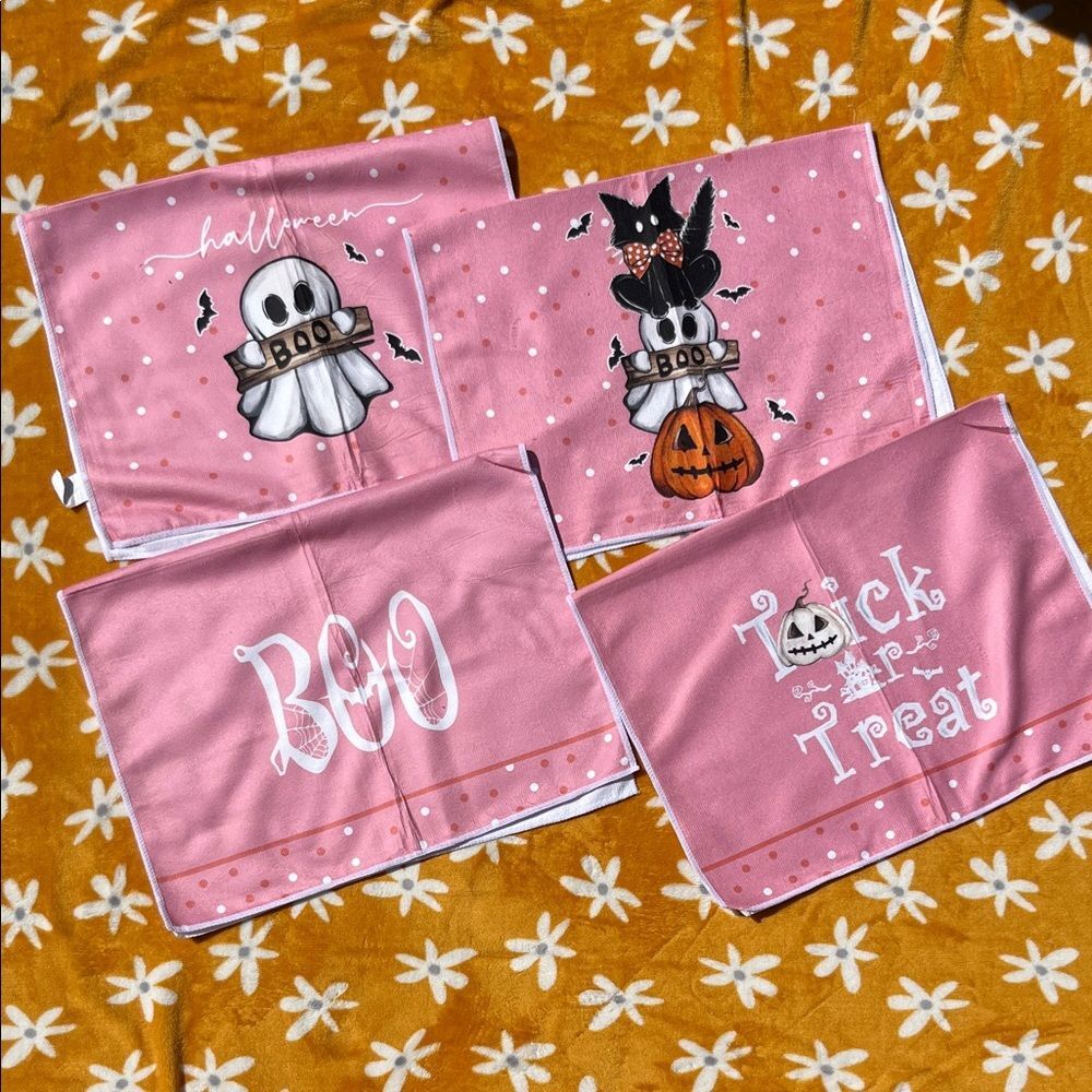 NEW Set of 4 Pink Themed Spooky Cute Ghost Black Cat Kitchen Towels Halloween